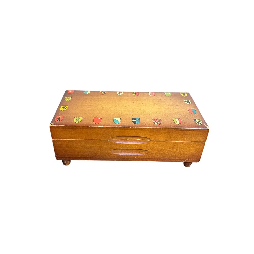 Vintage Edelweiss Cuendet Swiss Music Box‎ Wooden Trinket Jewelry  Works Crests